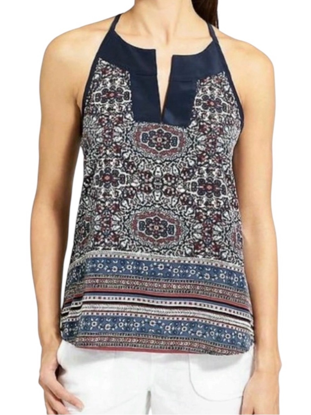 Athleta Tank Top Blue Medallion Dunes Halter Tassel Tie Geometric Size XL Boho